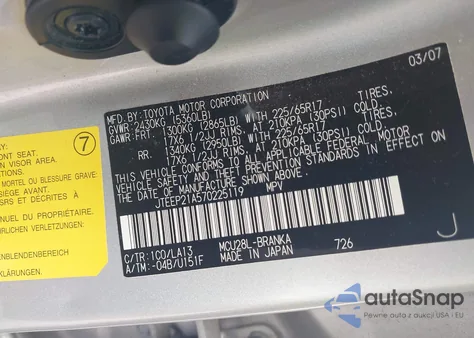 2007 Toyota Highlander Limited V6 из США, поврежденный, VIN JTEEP21A570225119